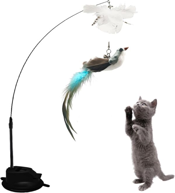 Fyfjur Cat toy, Cat Feather Toys, Interactive cat toy, Cat Teaser With Suction Cup, Cat Wand Toy, Detachable Suction Cup Feather Wand Cat Steel Wire Feather Bird Toys for Indoor Cats Kitten Toys