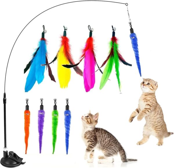 SDZHDMO 8Pcs Cat Feather Toys Interactive Cat Toys Cat Teaser Wand with Suction Cup Detachable Feather Replacements Wand Cat Feather Toys for Indoor Cats Kitten Toys