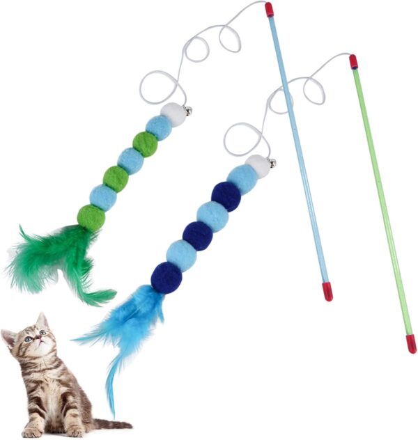 Andiker Cat Feather Toys, 2PCS Cat Wand Toys with Bell and Plush Balls, Colourful Interactive Kitten Teaser Toy for Cat Indoor Playing Exercising Training (Blue + Green)