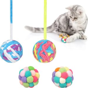 FURJOY Cat Toy Balls with Bell, Colorful Soft Cat Fuzzy Balls, Interactive Cat Toys for Indoor Cats and Kittens (2 Pcs Bell Balls & 2 Pcs Fuzzy Balls)