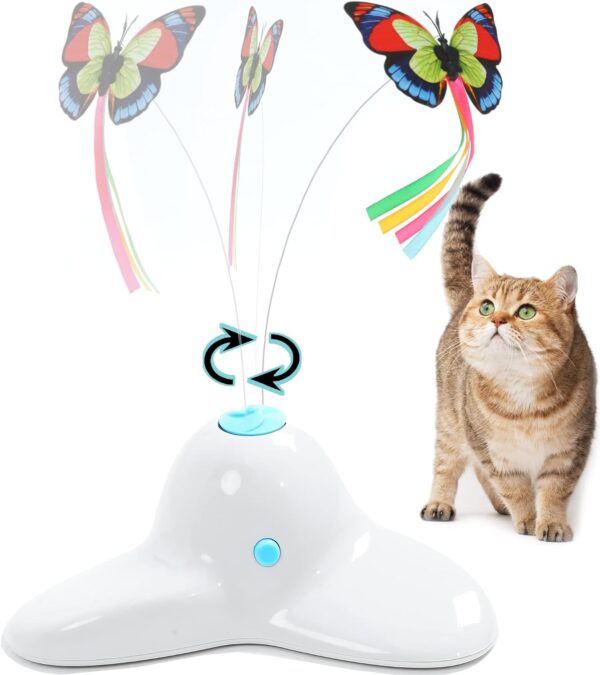 Vealind Indoor Interactive Play Teaser Cat Toy with 360°Electric Rotating Butterfly (Cream White)