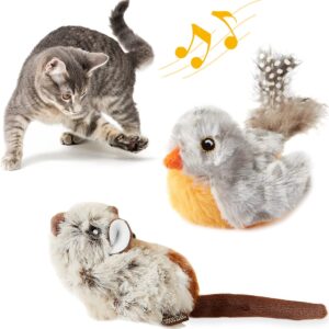 Suhaco Cat Toys for Indoor Cats Feather Squeaky Bird & Mouse Kitten Toys Set, Three Dogs & A Cat Melody Motion Activated Chirping Kitty Toys Interactive Plush Cat Toys for Boredom (2 Pack)