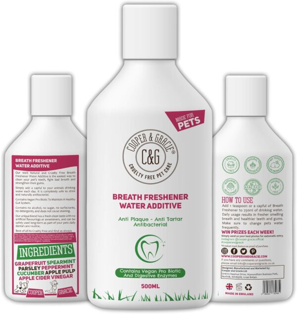 C&G Pets Breath Freshener Water Additive 500ml | 100% Natural | Anti Plaque Anti Tartar | Removes Bad Smell | Fresh Smelling Mouth Wash | Best For Dog