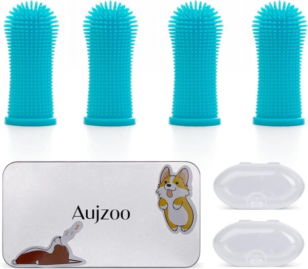 Aujzoo Dog Toothbrush, 360º Pets Teeth Cleaning Toothbrush for Dogs Cats Dental Care, Silicone Finger Teeth Brush Set of 4