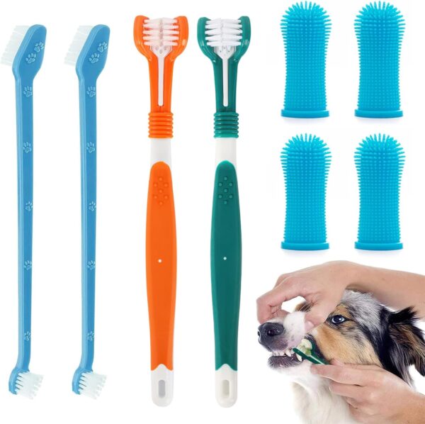 Dog Toothbrush Set, 2 Pack Triple Heads Dog Toothbrushes with 4 Pet Finger Toothbrushes, 2 Dual-Dead Toothbrush, Multi-Angle Dental Teeth Cleaning Products for Small Medium, and Large Pets