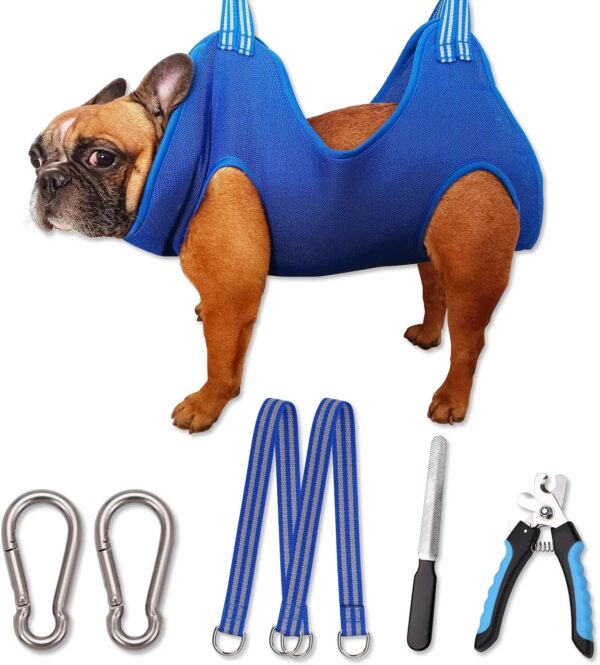 OVTEXZOG Dog Grooming Hammock Harness, Dog Sling for Nail Clipping/Trimming,Pet Grooming Restraint Bag with Nail Clippers Trimmer,Dog Grooming Supplies Kit for Claw Care (Medium 45LB Max/Blue)