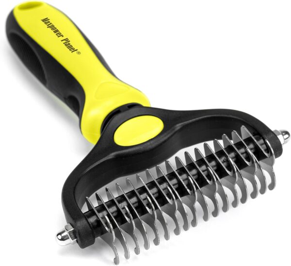 Maxpower Planet Pet Grooming Brush - Double Sided Shedding and Dematting Undercoat Rake, Dog Grooming Brush, Dog Shedding Brush, Cat Grooming Brush, Dog Comb, Cat Brush for Long Haired Cats, Yellow