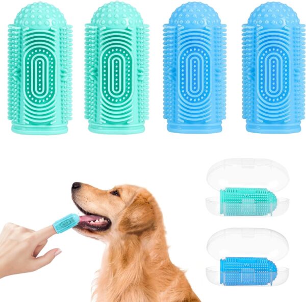 YUEYUEJIA Upgraded 360 ° Silicone pet Finger Dog Toothbrush (4pcs), Dog and cat Finger Toothbrush with Storage Box, Suitable for Dogs and Cats, Dog Plaque Dog Dental Cleaning Care (Blue+Green)