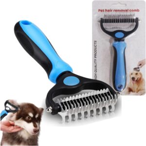 2 In 1 Pet Grooming Tool Dematting Comb for Dogs & Cats 2 Sided Undercoat Rake Deshedding Tool Cat Matted Fur Remover For Long Haired Cat Dog Tangles Removing（BLue）