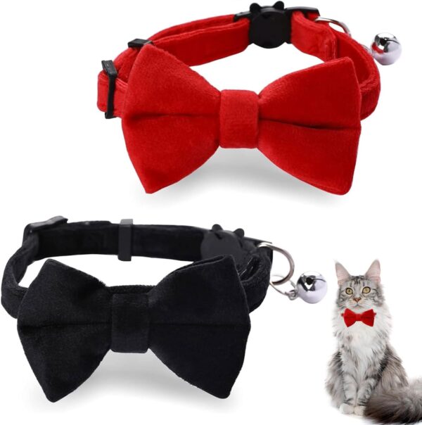 2 Pcs Velvet Bowtie Cat Collar with Bell cat bow tie, Adjustable Kitten Collar Bow Tie Dog Collars kitten collar Quick Release Safety Collars for Puppy Kitten Supplies Red+Black