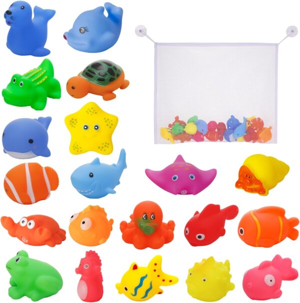 20 Pcs Baby Bath Toys Squeak and Floating Animal Bath Toy Rubber Animal Toy With Mesh Bath Toy Storage Swimming Toys For Kids Toddler Gift