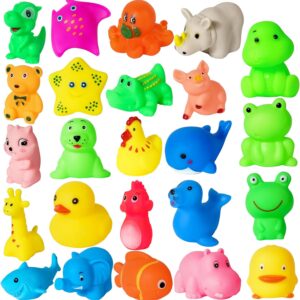 24PCS Zoo&Sea Animals Baby Bath Toys, 24 Pack Assorted Squeezeable Sound Toys, Animal Bulk Toys for Toddlers Boys Girls Baby Floating Tub Toys for Bathroom Swimming Pool,Small Cute Duck/Fish/Frog