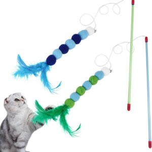 2Pcs Cat Feather Toys,Cat Wand Toys with Bell and Plush Balls,Colourful Interactive Kitten Teaser Pet Toy Wire Chaser Wand Teaser Feather for Cat Indoor Playing Exercising Interactive Training