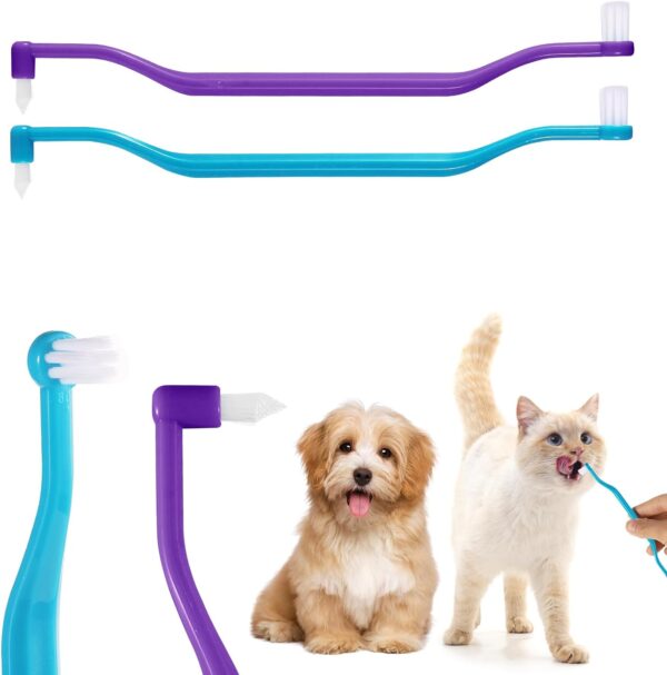 2pcs Cat Toothbrushes, Dual Sided Cat Teeth Cleaning Brush with Micro Brush Head & Curved Handle Deep Cleaning Toothbrush for Kitten Small Dog Puppy Cat Pet Dental Care Supplies (Blue Purple)