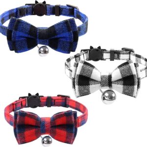 3 PCS Plaid Cat Collars Quick Release Kitten Collar Bow Tie Safety Cat Bowtie Collars Christmas Cat Bow Collar With Bell Soft Tartan Collar Adjustable Pet Collars For Kitten Puppy Blue Red White