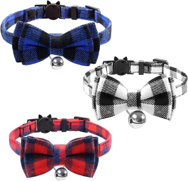 3 PCS Plaid Cat Collars Quick Release Kitten Collar Bow Tie Safety Cat Bowtie Collars Christmas Cat Bow Collar With Bell Soft Tartan Collar Adjustable Pet Collars For Kitten Puppy Blue Red White