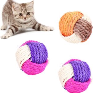 3 Pcs Cat Toy Ball Sisal Ball Pet Scratching Ball Animals Interactive Toy Ball Interactive Cat Rolling Ball Environmentally Friendly Kitten Balls for Cats Kitten Dog Playing Chewing (Random Color)