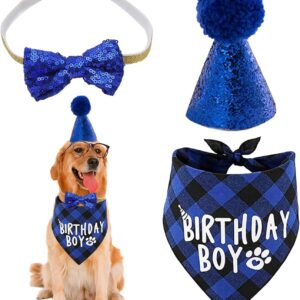 3pcs Dog Birthday Party Supplies Plaid Dog Birthday Bandana Boy Scarf And Reusable Dog Birthday Hat Bow Tie Pets Birthday Party Supplies Birthday Outfit For Cat And Dog Decoration