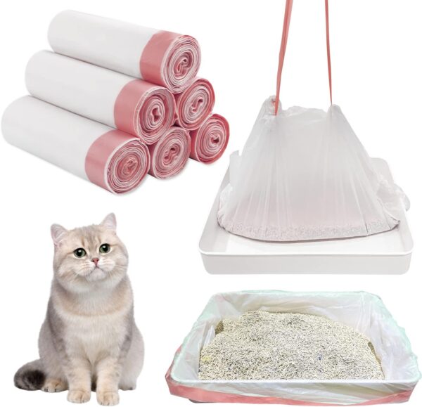 60pcs Cat Litter Box Liners, Large Disposable Cat Litter Tray Liners Drawstring Heavy Duty Liner Bags for Pet Cat Kitty Waste Supplies (36 x 18in)