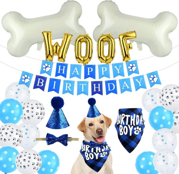 ASTARON Pet Dog Birthday Party Supplies,Blue Boy Dog Birthday Hat Bandana with Bone Balloons Puppy Birthday Banner for Pet Birthday Party Supplies decorations