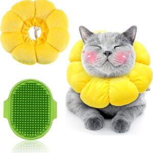 AWAVM 2-piece Cat Cone, Adjustable Sunflower Cat Collar, Recovery Collar, Dog Collar, Anti Licking and Anti Scratching Collar, Pet Shower Massage Brush, Pet Supplies