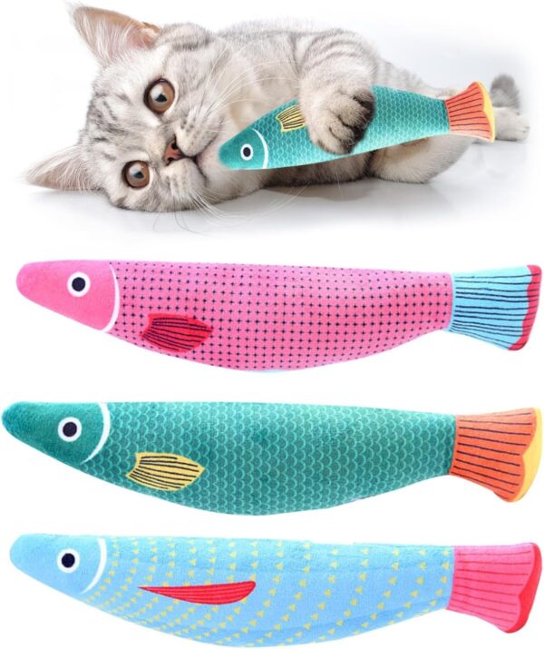 AYNKH Catnip Toys, 3PCS Bite Resistant Kitten Teething Fish Interactive Toy with Bell Inside, Cartoon Plush Cat Chew Toy for Indoor Pets Flopping/Flipping/Moving