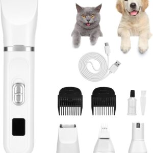 Altueey Dog Clippers, 4 in 1 Rechargeable Cordless Dog Grooming Clipper Kit, Low Noise Professional Pet Grooming Trimmer with Nail Grinder & Comb for Dogs Cats, Pets' Paws Eyes Ears Hip Body