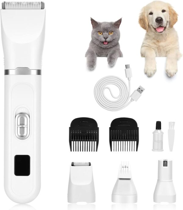 Altueey Dog Clippers, 4 in 1 Rechargeable Cordless Dog Grooming Clipper Kit, Low Noise Professional Pet Grooming Trimmer with Nail Grinder & Comb for Dogs Cats, Pets' Paws Eyes Ears Hip Body