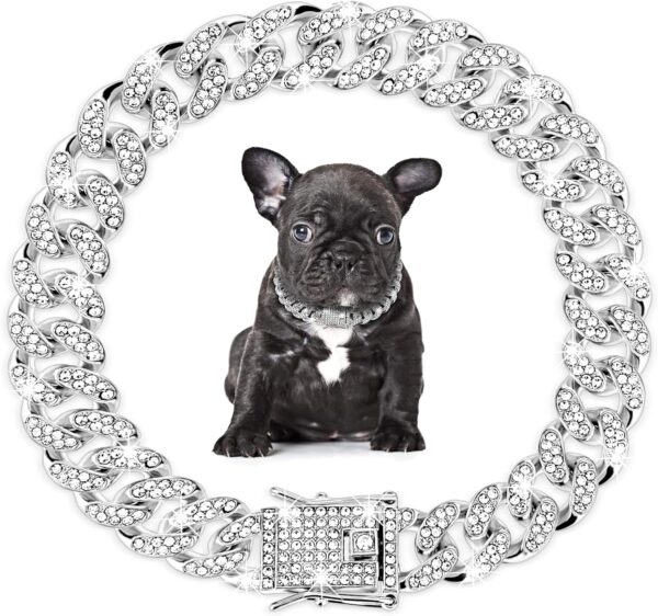 Amabro Rhinestone Dog Chain Collar, Adjustable Cuban Link Dog Collar with Secure Buckle Design Metal Cat Chain Necklace Pet Collar Jewelry Accessories for Small Medium Large Dogs Cats(Silver)