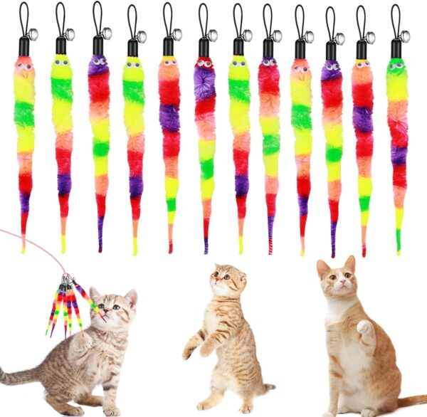 Amaxiu Cat Toys, 12pcs Rainbow Cat Worm Toys Cat Wand Toy Replacement Refills Cat Feather Toys Interactive Fluffy Worms Toys with Bells for Indoor Cats Kitten Training Accessories