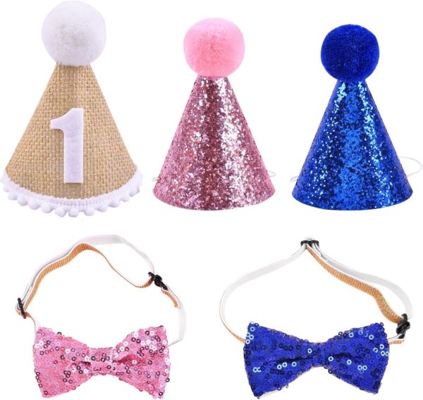 Anwangda 5PCS Pet Birthday Hat Kit, Pet Birthday Hat and Bow, Sparkling Sequin Birthday Hats, Dog Cat Birthday Party Decoration Headwear, Pets Birthday Party Supplies for Cat and Dog