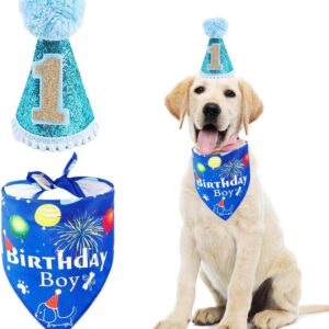 BIPY Dog 1st Birthday Hat Bandanas Set for Boys Small Medium Pets Blue Headdress Costumes Grooming Supplies Pet Party Celebration Decoration