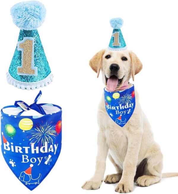 BIPY Dog 1st Birthday Hat Bandanas Set for Boys Small Medium Pets Blue Headdress Costumes Grooming Supplies Pet Party Celebration Decoration