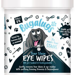 BUGALUGS Dog Eye Wipes 100 Biodegradable textured pre-soaked Dog Wipes. Safe & Easy Cleaning For Dogs - Pet Eye Wipes Remove Tear Stains, Dog Eye Crust & Eye Discharge