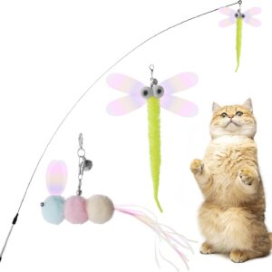 Bewudy 2 PCS Cat Wand Interactive Cat Toy, Interactive Cat Wand Toys with Bells, Cat Feather Toys for Indoor Cats Feather Dangler Funny Exercise for Indoor Cat Kitten Catcher (Caterpillar)