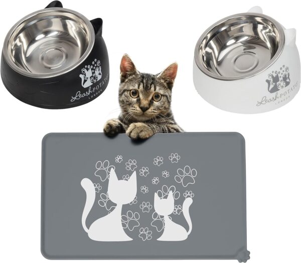 Cat Bowls Cat Food Water Bowl Cat Food Mat Wipe Clean Feeding & Watering Supplies for Cats Raised Cat Bowl Cat Feeding Mat Bowl Cat Accessories Kitten Bowls (Grey + Black + White)