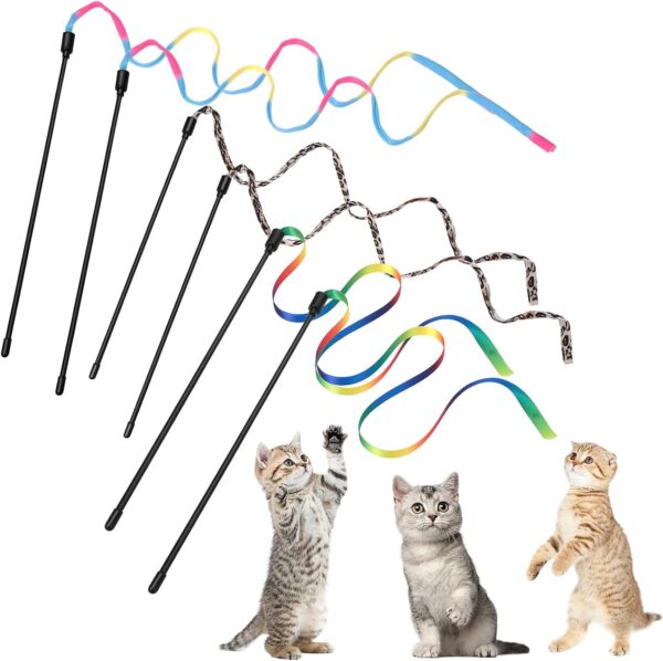 Cobee 6 Packs Cat Wand Toy Set, 30cm Cat Interactive Wand with 60cm Rainbow Ribbon String+ Rainbow Cloth String + Leopard Print Cloth String for Pet Kitten Training Exerciser Kitten Catcher(6 Pcs)