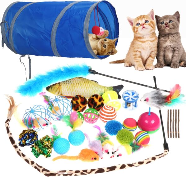 Coolty 31pcs Cat Toys Cat Kitten Interactive Toys Set Collapsible Cat Tunnel Cat Teaser Wand Mouse Cat Toy Cat Bell Ball Cat Ball