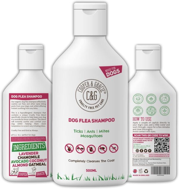 Cooper And Gracie C&G Cruelty free Pet Care Flea Shampoo For Dogs 500ml - Sensitive Itchy Skin Dog and Puppy Grooming - Medicated Fleas Treatment, Lavender