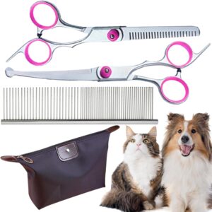 DKDDSSS 4 Pieces Dog Grooming Scissors, Pet Grooming Scissors with Safety Round Tip, Pet Dog Cat Curved Grooming Shears Scissors, Professional Thinning Shears, Grooming Comb, for Dogs and Cats (Pink)