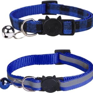 DUOXIN 2Pcs Safety Release Cat Collars, Reflective Kitten Collar Quick Release Buckle Cat Collar Dog Collars with Bell Adjustable 19-32cm Pet Supplies Accessories for Cats or Small Dogs (Blue)