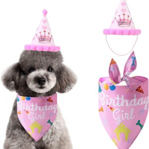 Dog Birthday Bandana Hat Kit,Triangle Cotton Dog Scarf with Cute Birthday Boy/Girl Decorations,Puppy Birthday Party Hat Set Dog Birthday Cake Outfit Gift/Pet Party Supplies Accessories (pink)