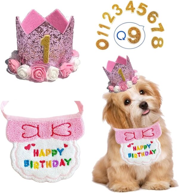 Dog Birthday Hat and Bandana, Pet Cat Dog Birthday Crown Hat and Scarf with 0-9 Figures Charms Party Accessories for Small Medium Puppy Kitten (A Pink)