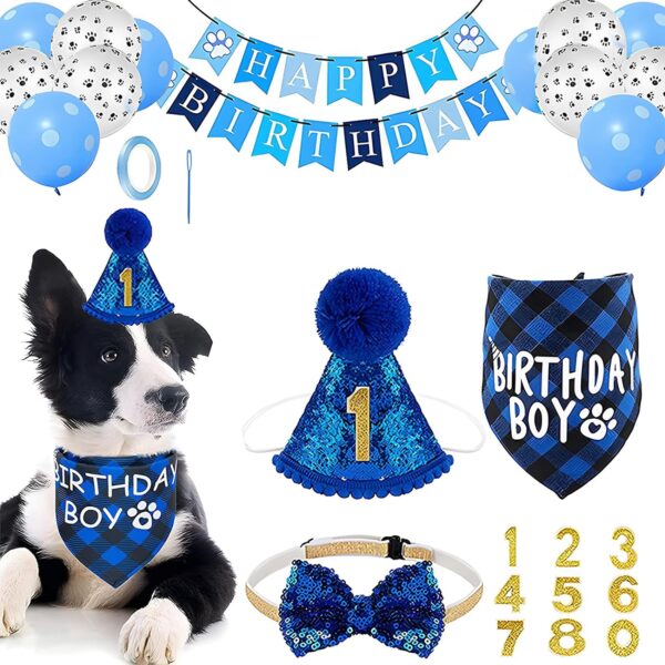 Dog Birthday Party Supplies, Dog Birthday Bandana, Happy Birthday Banner, Triangle Scarf, Paw Print Balloon, Cute Bowtie for Pet, Party Accessories for Small Medium Large Dogs Pets