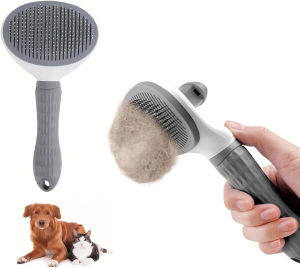 Dog Brush Pet Grooming Comb Cat Tangled Hair Teezer Shedding Slicker Brushes With Smooth Handle And Self Cleaning Button Cats Dogs Pets Cleaner Massage Tool Gently Removes Loose Undercoat Grey (1 Pk)