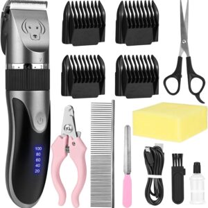 Dog Grooming Kit, Pet Clipper Shaver with LED Display, USB Rechargeable Cordless Dog Grooming Kit, Professional for Thick Coats, Low Noise, Dog Clippers with 4 Combs for Cats, and Other Pets