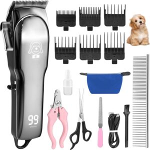 Dog Grooming Kit, Professional Pet Clipper Shaver with LED Display, USB Rechargeable Cordless Dog Grooming Kit for Thick Coats, Low Noise, Dog Clippers Hair Trimmer Shaver with Stainless Steel Blade