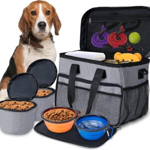 Dog Travel Bag Pet Large Travel Bag Tote Organizer with 2 Dog Food Container, 2 Collapsible Bowls for Road Trips, Camping, Hiking, Beach, RV or Weekend Away