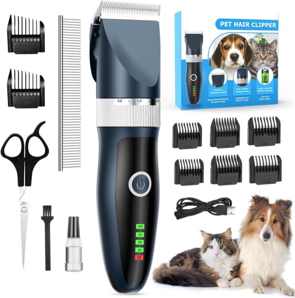 ETROBOT Dog Clippers, Dog Grooming Kit Clippers, Rechargeable Cordless Pet Clippers LED Display, Low Noise Electric Pet Clippers Professional for Thick Hair with 8 Combs for Dogs Cats