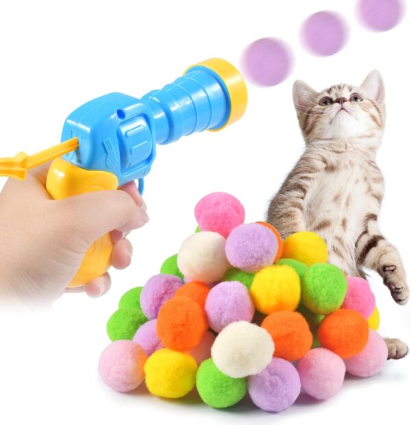 FGen Interactive Cat Toy, Cat Toy Ball, Cat Toy Balls with Cat Toy Launcher, Launch Training Cat Toy, Indoor Outdoor Silent for Cats and Kittens (50 Balls)